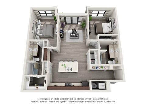 Floor plan for 2 beds, 2 baths, 965 sqft